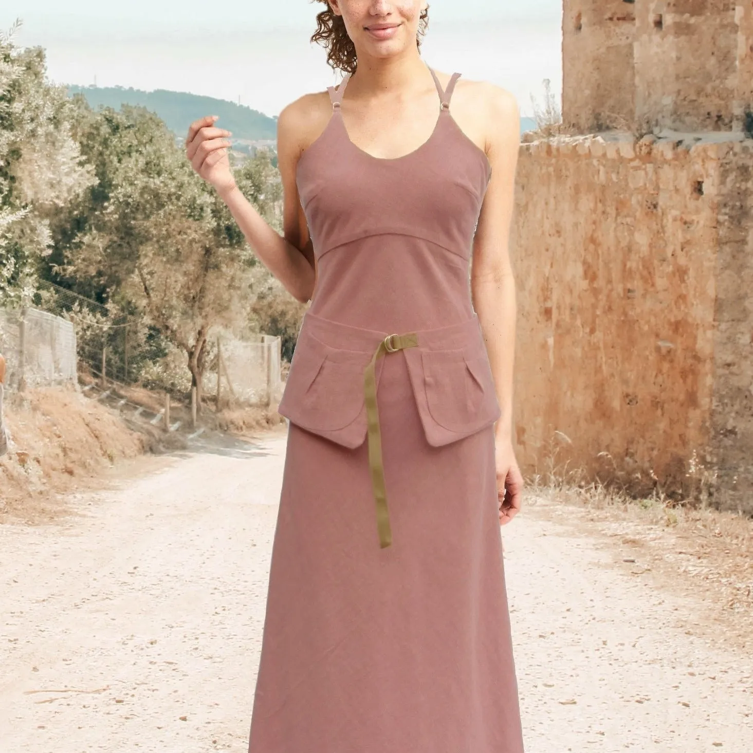 strapless  linnen maxi jurk met losse heupriem, strapless linen summer dress with separate belt