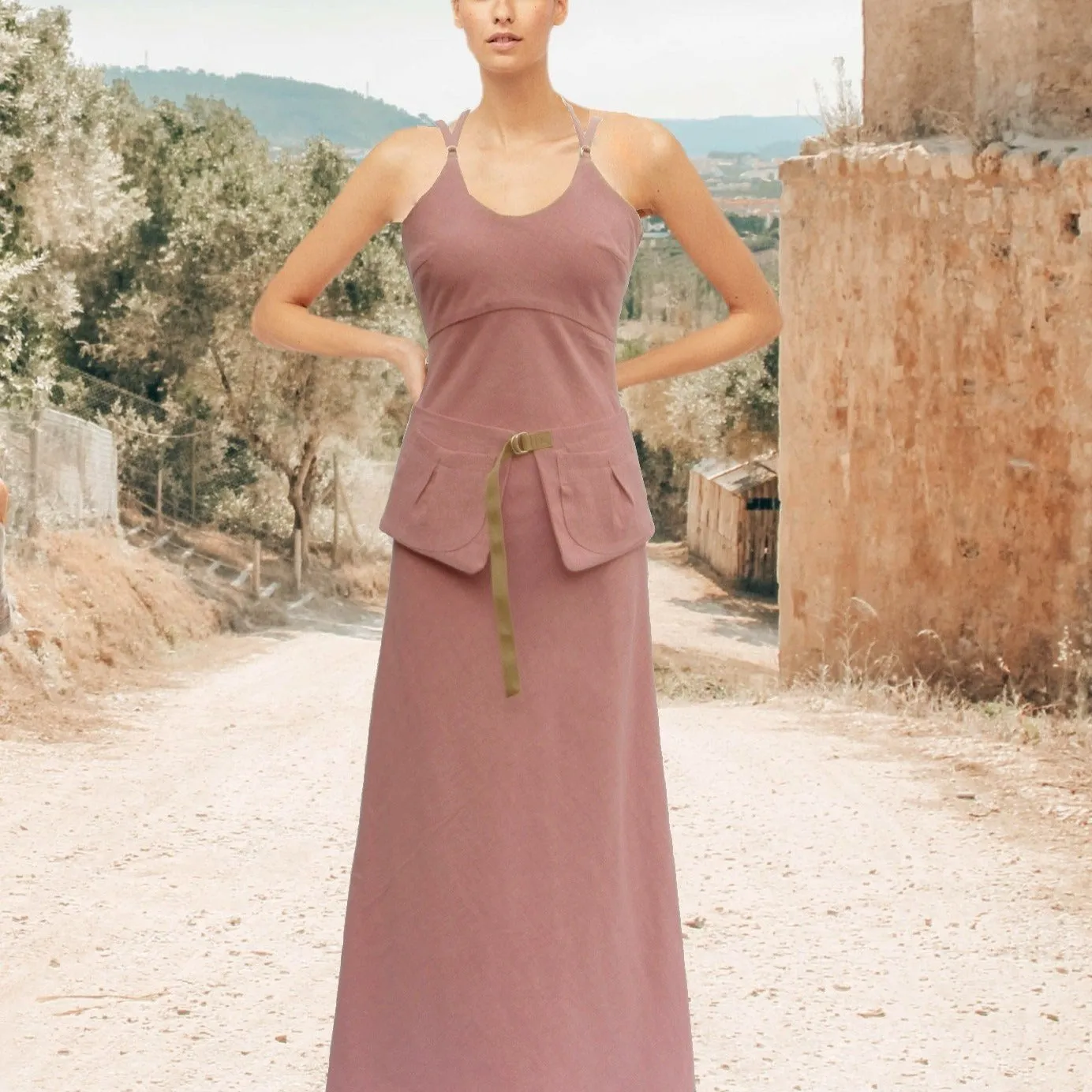 strapless  linnen maxi jurk met losse heupriem, strapless linen summer dress with separate belt