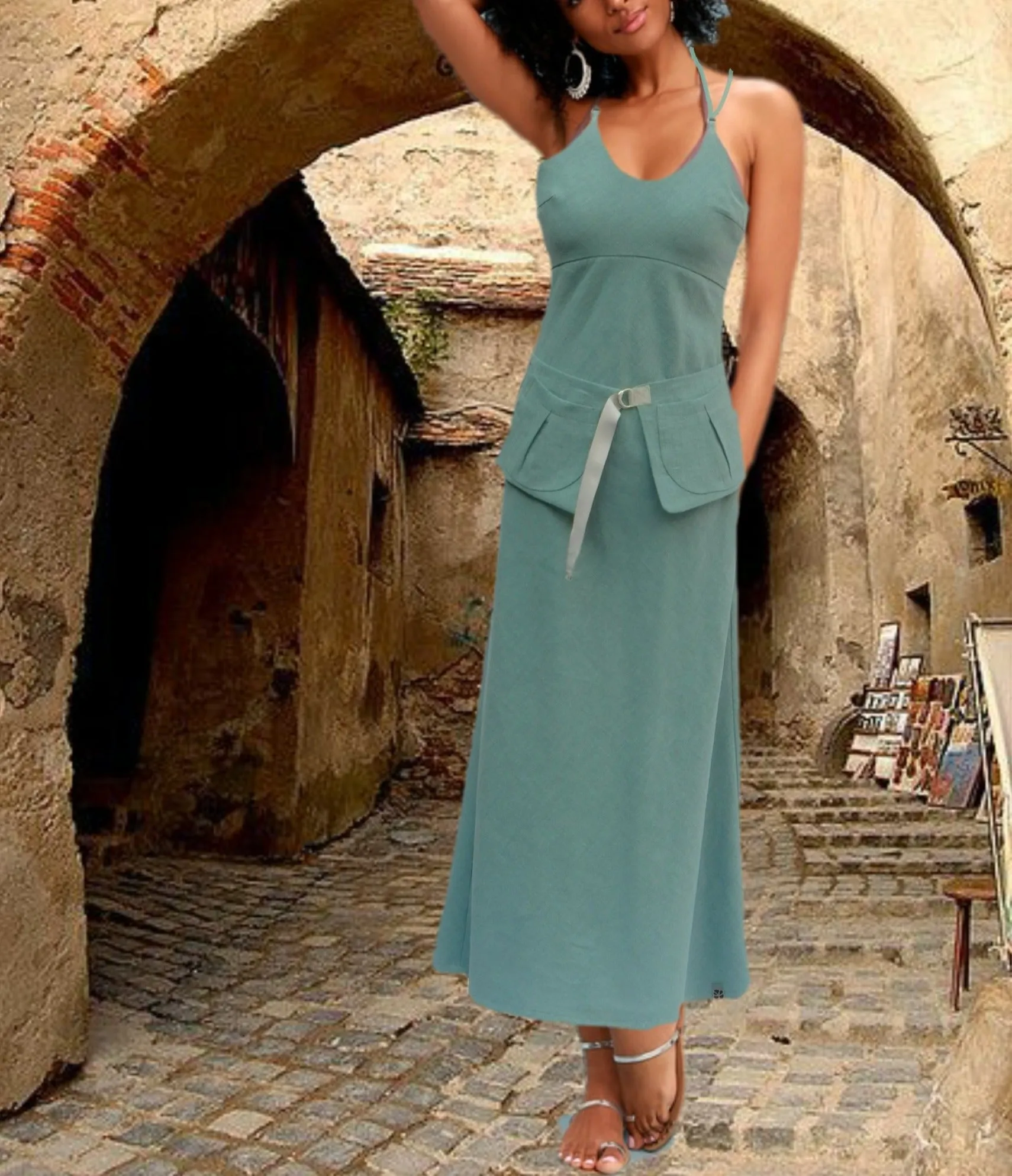 strapless  linnen maxi jurk met losse heupriem, strapless linen summer dress with separate belt