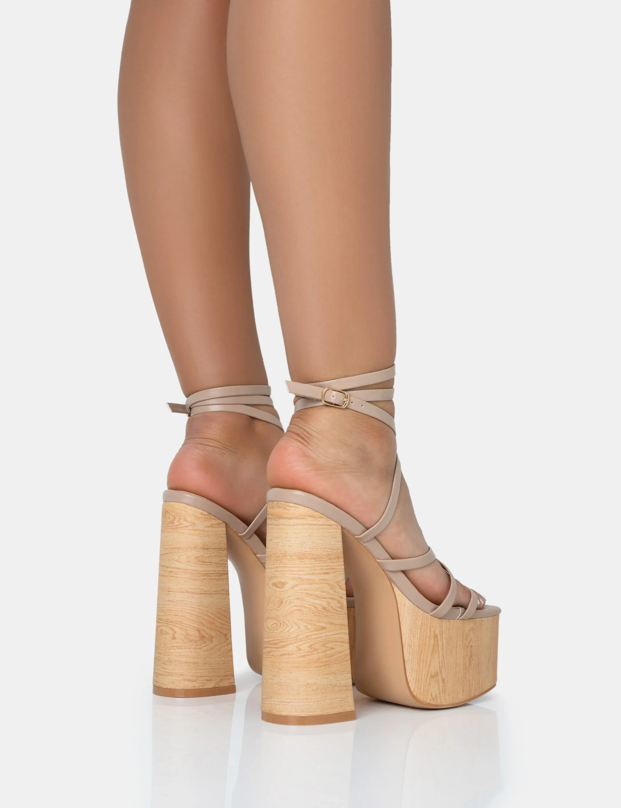 Suki Nude PU Strappy Wood Effect Platform Square Toe Block Heels