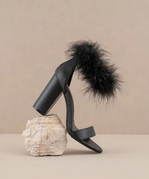 The Sasha | Black Feathered ankle block heel