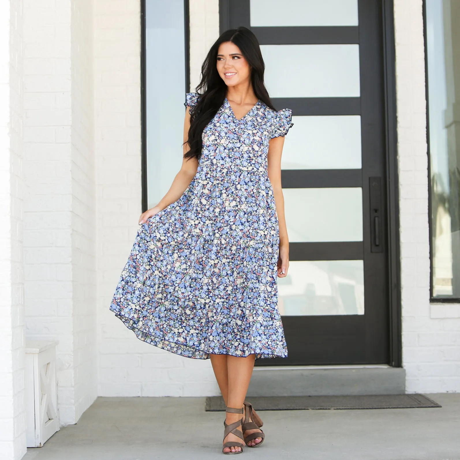 V-Neck Floral Midi Dress