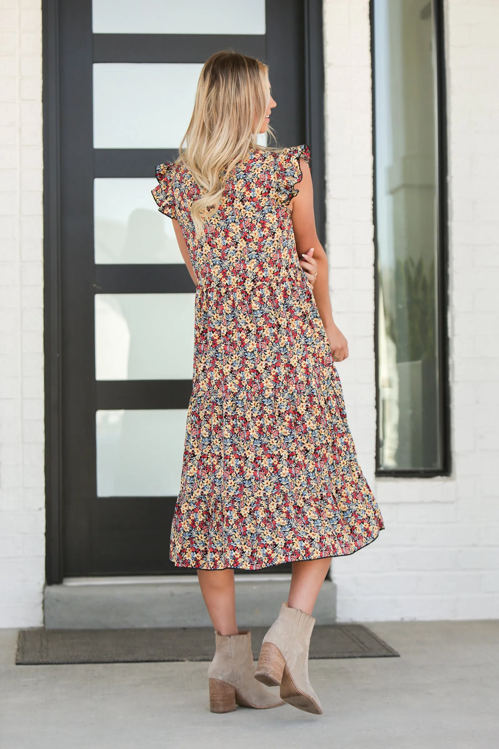 V-Neck Floral Midi Dress