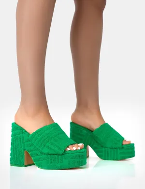 Wavez Green Terry Towelling Round Toe Platform Block Heel Mules