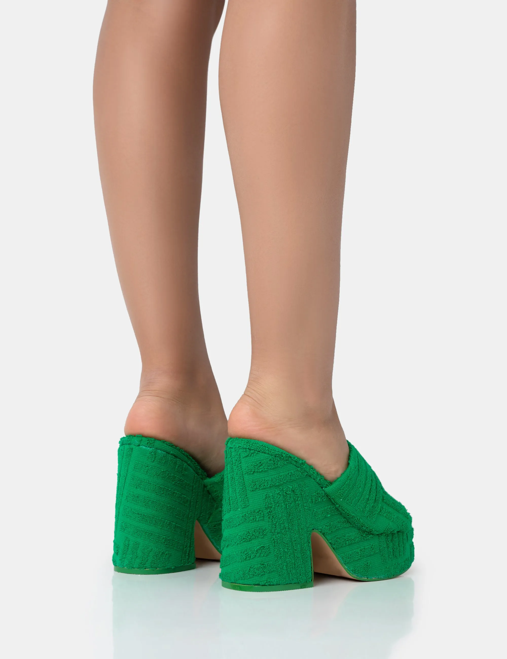 Wavez Green Terry Towelling Round Toe Platform Block Heel Mules