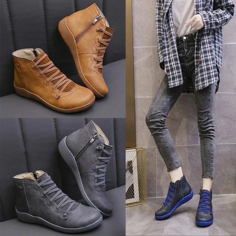 Women Ankle Leather Winter Boots Waterproof Vintage Design Keep Warm Non Slip