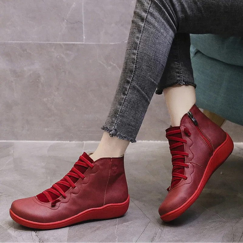 Women Ankle Leather Winter Boots Waterproof Vintage Design Keep Warm Non Slip