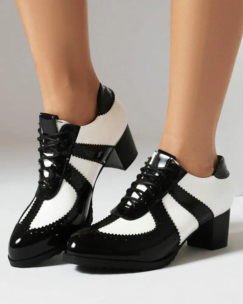 Women's Brogue Style Lace-up Color Block Block Heels